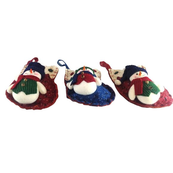 (3) Rustic Snowman Christmas Stocking Ornaments With Dot Accents - Red & Blue - Picture 4 of 8